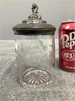 Vintage Etched Glass Jar w/ Lid & Small Bubble