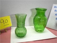 Vases, Green Glass, Ribbed Pattern