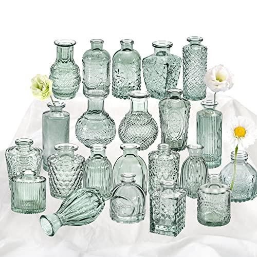 Green Glass Bud Vase Set of 22, Small Vases for Fl