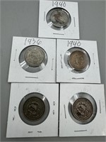 (5) 1930-1940's Old Mexico Coins