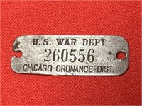 Military U.S. War Dept. Tag 260556 Chicago