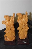 Set of 2 Chinese Wooden Statue on Stand