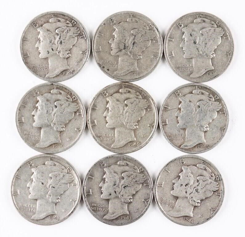 (9) x US MERCURY SILVER DIMES