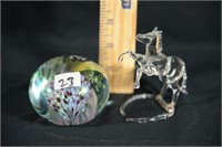 HAND BLOWN SIGNED GLASS PAPERWEIGHT, HORSE FIGURIN