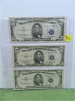 (3) 1953 Series $5 Silver Certificates