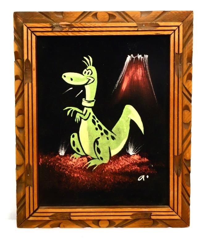 Vintage framed velvet dinosaur painting