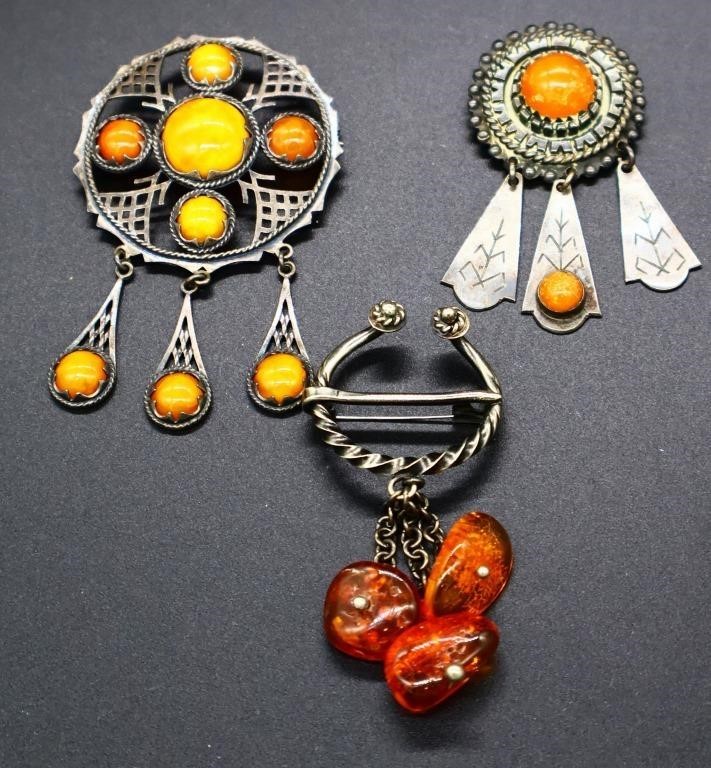 Lot of 3 sterling & amber estate brooches