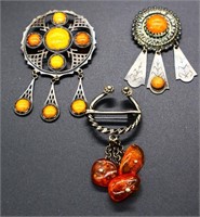 Lot of 3 sterling & amber estate brooches