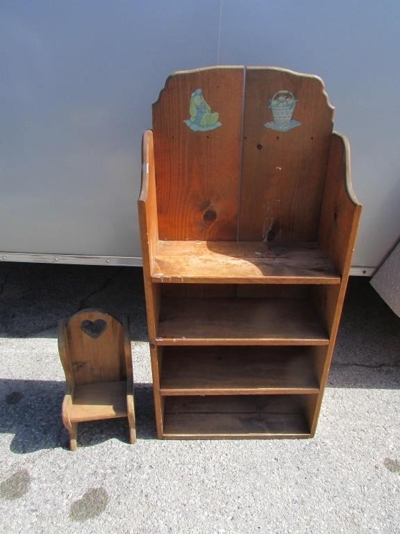 Vintage Kids Wooden Shelves and Doll Wooden Chair