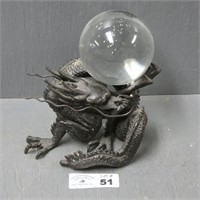 Bronze Chinese Dragon Sculpture w/ Glass Ball