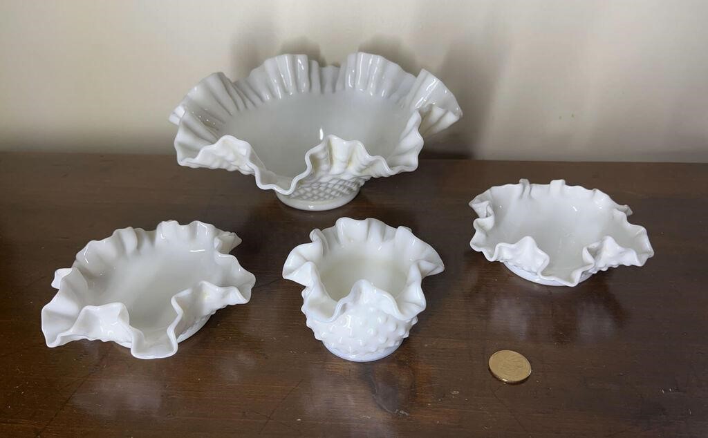 White Milk Glass Hobnail Ruffled Bowls