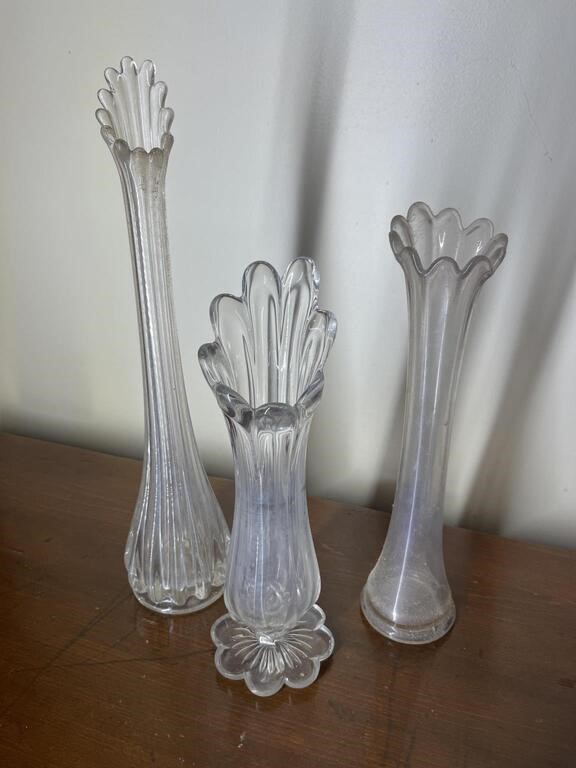 3 Clear Glass Swung Vases