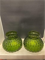 2 green glass hurricane globes