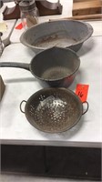 3 granite ware items , pan, handled pot, strainer