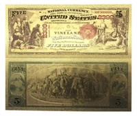 24k Gold Plated $5 Vineland 1875 Novelty Note