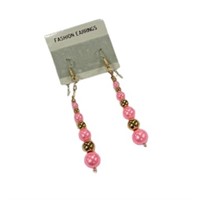 Beaded Pink And Gold-tone Bead Dangle Earrings