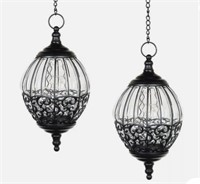 SET OF 2-SOLAR METAL & GLASS BIRD CAGE HANGING