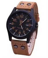 Soki Wooden Military Style Brown Leather Watch