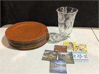 Crystal vase, coasters, 12 leather like chargers
