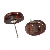 Natural Oval Cabochon Red Moss Agate Stud Earrings