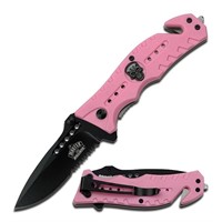 Pink Handle W/ Black Skull Spring Rescue Knife