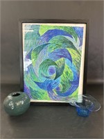 Oil Pastel Abstract Art, Pottery Vase, Blue Glass