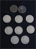 SHIELD NICKEL & (9) LIBERTY HEAD NICKEL COINS