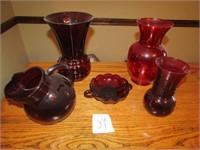 5- PIECES- RUBY RED -SMALL PITCHER HAS CHIP ON