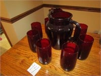 8" RUBY RED PITCHER W/ GLASSES