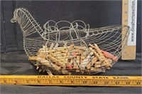 Vintage wire egg basket, clothes pins