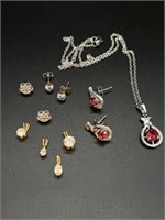 4- CZ Pendants, Necklace, 3 Pair of Earrings