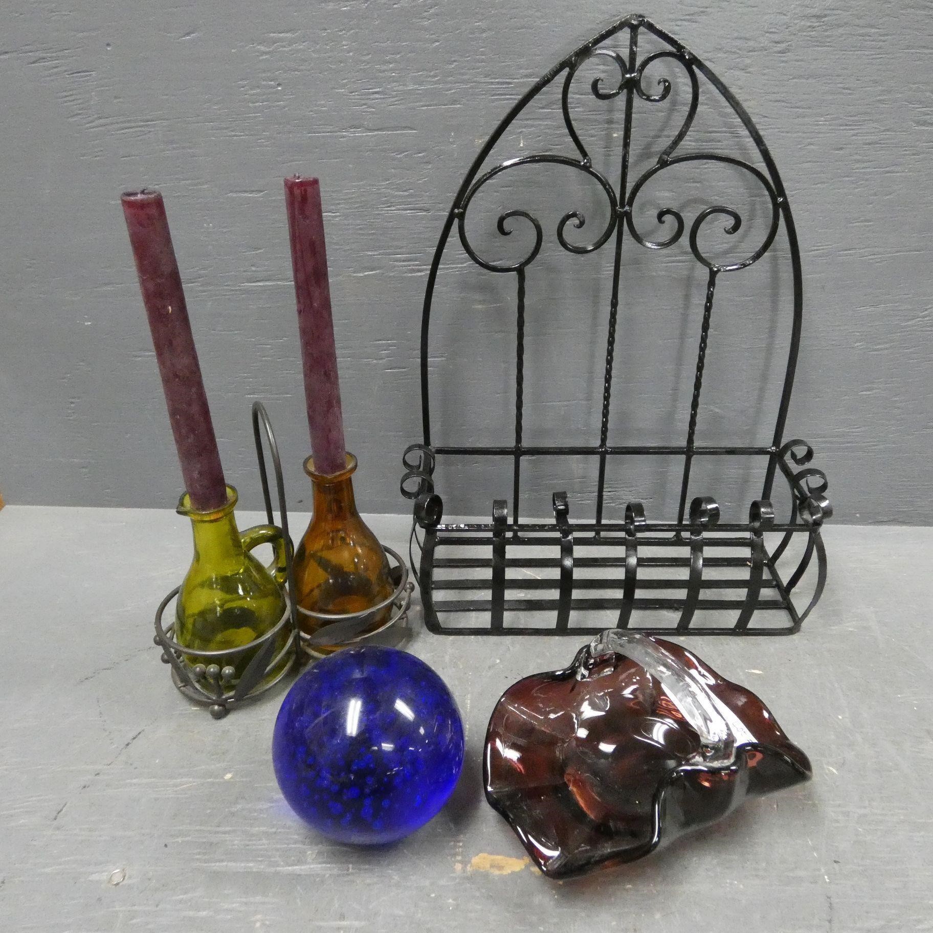 Heavy Blue Glass Paperweight, Purple Basket - Etc