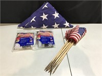 USA Flags-1 5’x9.5’; 2 3’x5’; 9 ground stakes
