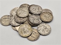 20 - Circulated Silver Franklin Half Dollars