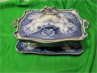 Flow Blue Covered Dish w/ Platter