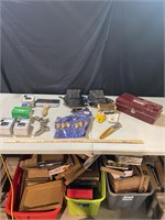 Assorted tools and hardware, small toolbox