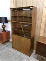 Teak Mid Century Tall Sliding Glass Bookcase