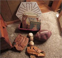 Football, glove, ball and books