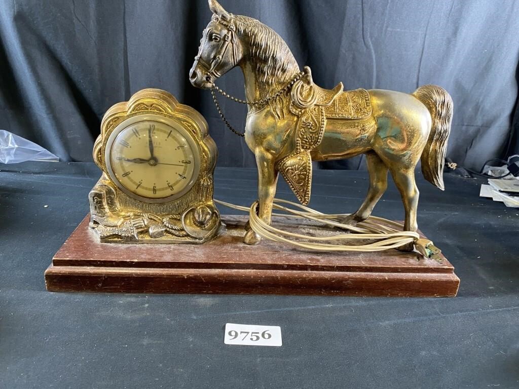 Gold Colored Horse On Platform w/ Clock