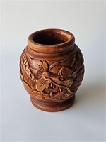 VINTAGE HAND CARVED WOOD DRAGON VASE MAHOGANY ?