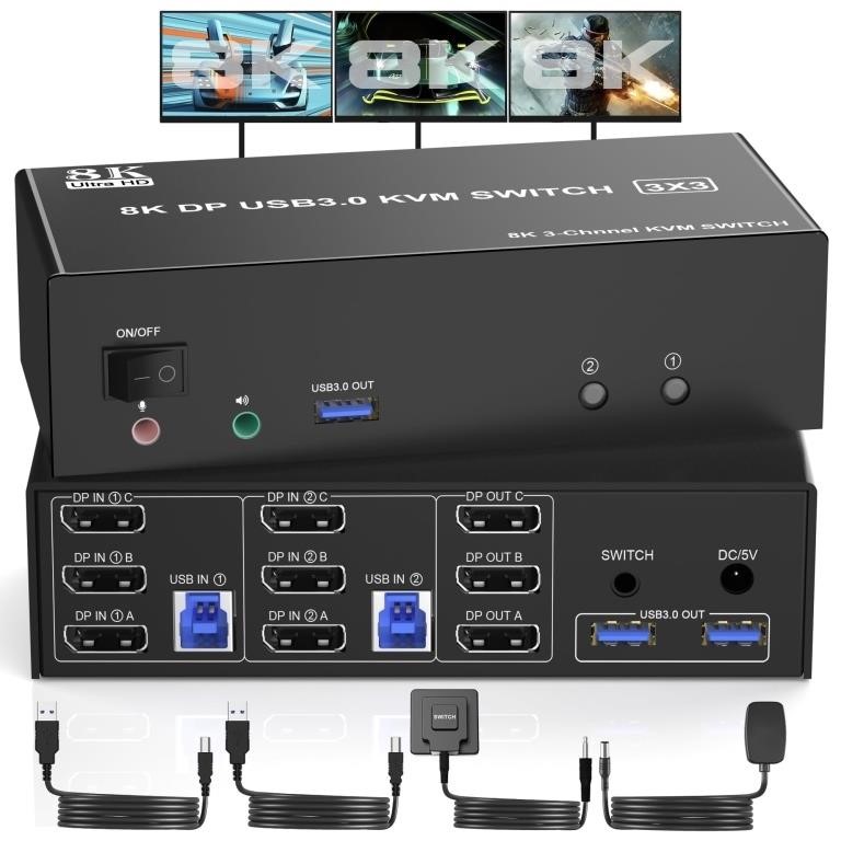 8K Displayport USB 3.0 Triple Monitors KVM Switch