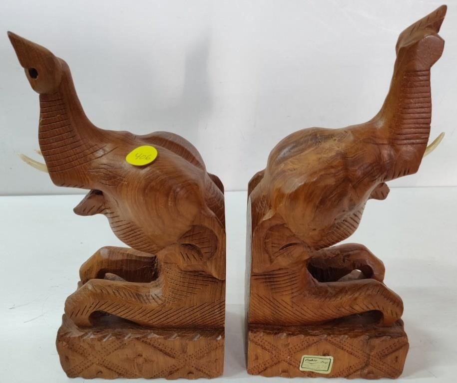 Carved Wooden Elephant Bookends