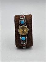 STERLING NAVAHO WATCH BAND BEADED WITH TURQUOISE