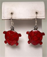 Sterling Coral Inlaid Turtle Earrings 5 Grams Twt