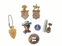 (8) Figural Badge Pins, Buttons, Key Chain & More