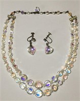 Vintage Set Necklace Earrings Iridescent Beads