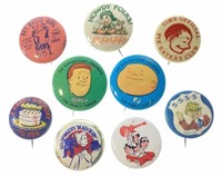 (9) Vintage Comic & Advertising Button Pins
