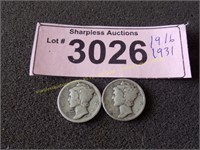 1916  and 1931 Mercury silver dimes
