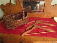 EARLY BUTT BASKET , WOOD CLOTHES HANGER- ALBRIGHTS