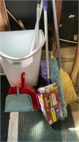 Waste can with Garage Brooms, Swifter,